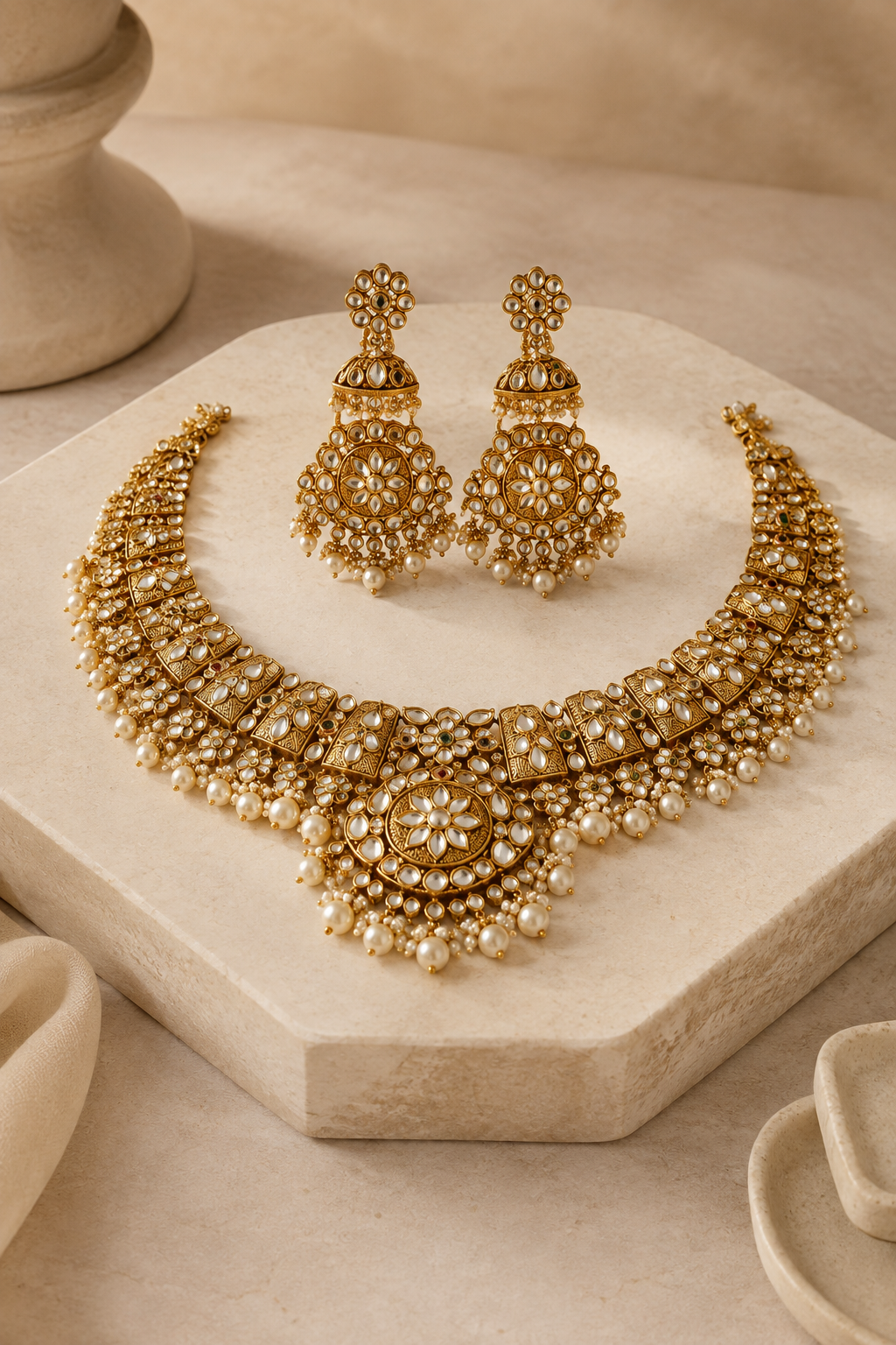 Handcrafted gold bridal necklace and earrings