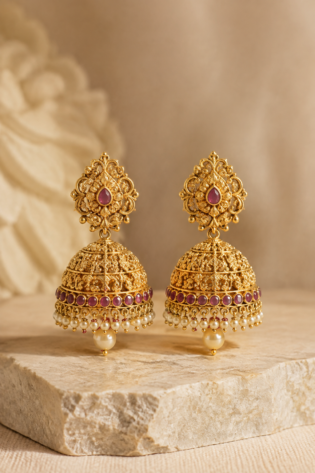 Pair of ornate gold Gul jhumka earrings
