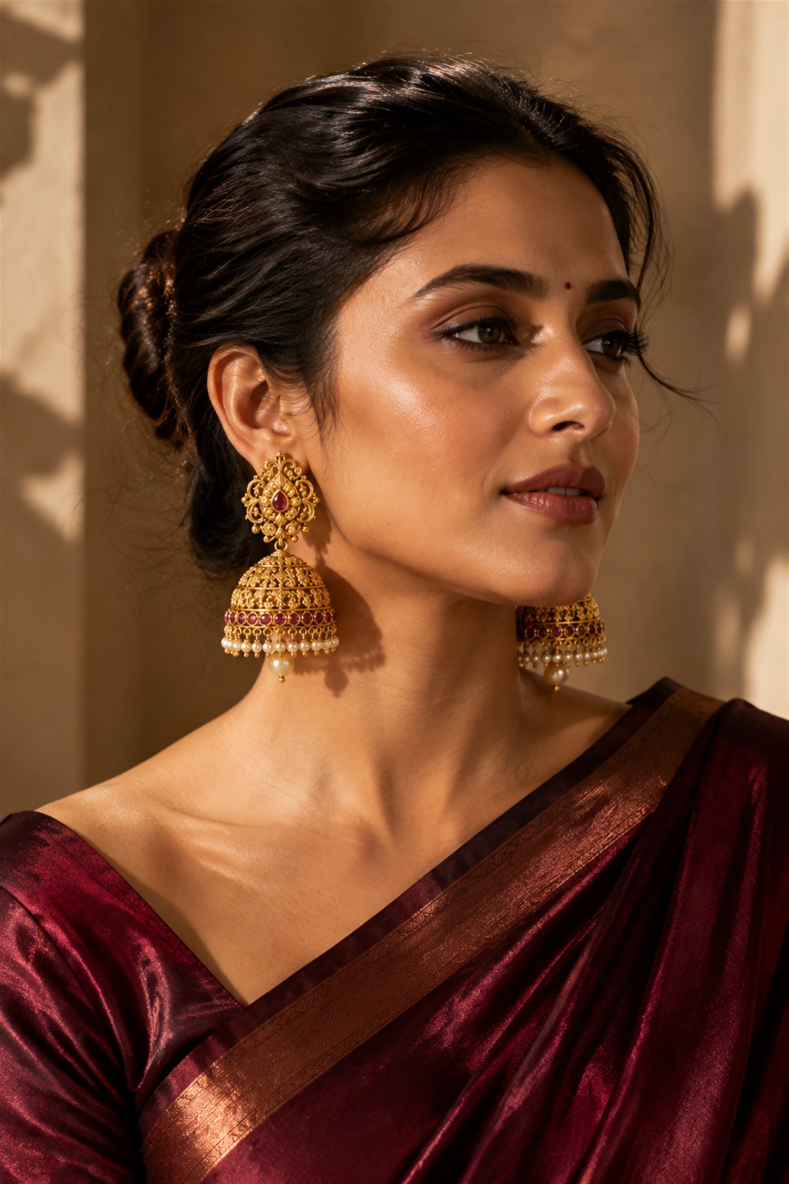 Woman wearing ornate gold and ruby Gul Jhumka earrings