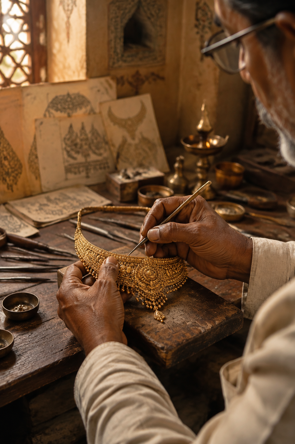 Jewellery artisan hand-finishing an ornate gold necklace in a traditional Billimora atelier