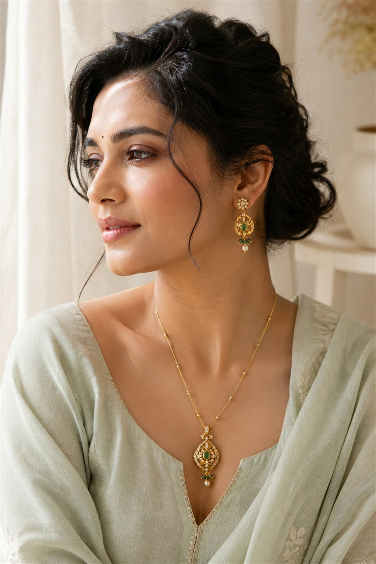 Woman wearing the delicate gold and emerald Meher Necklace