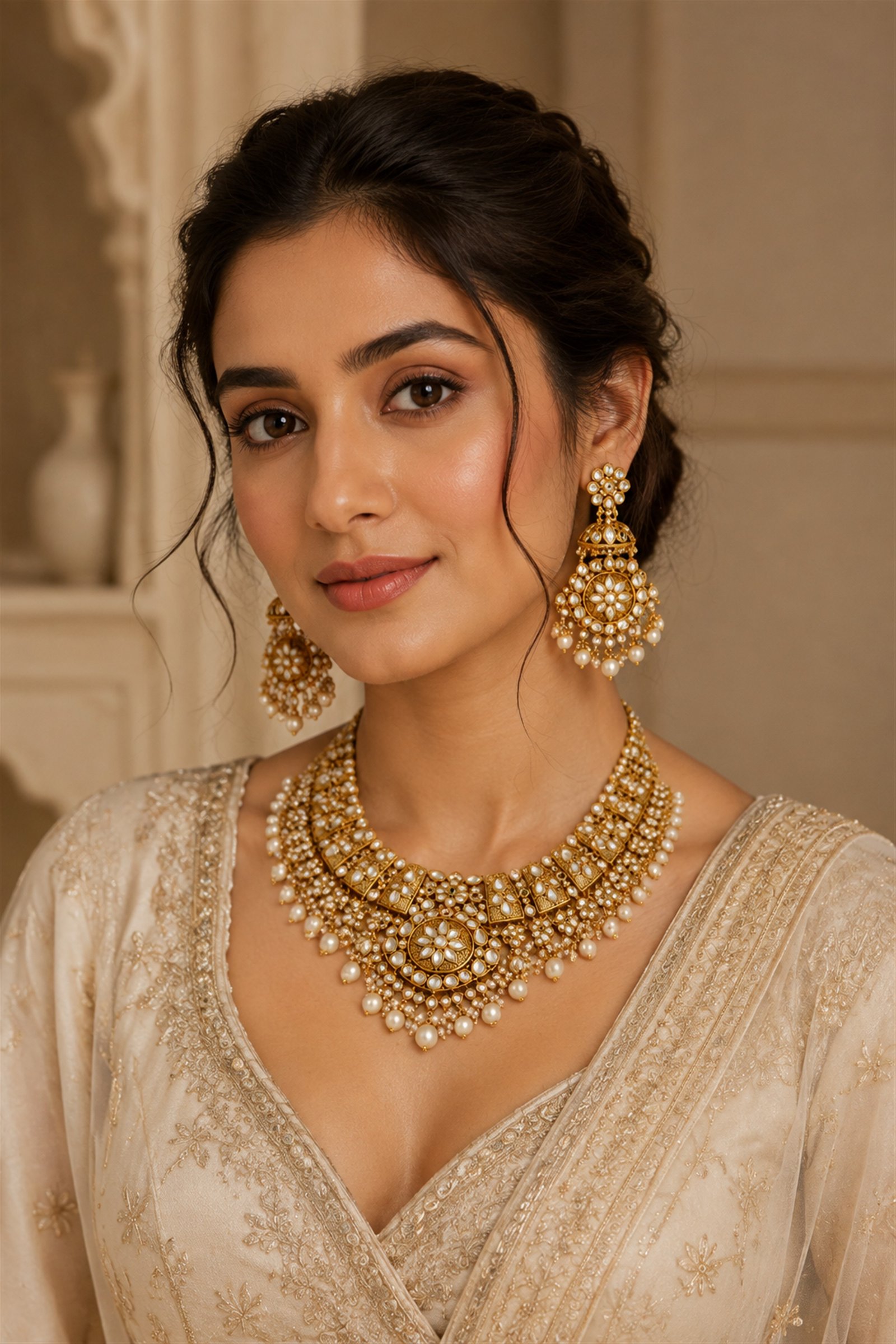 Woman wearing the ornate Noor bridal necklace and earrings